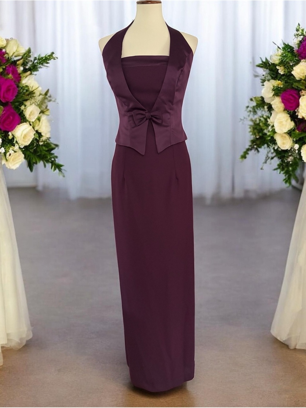 Elegant Plum Halter Maxi Dress with Bow-Front Waist Removable Vest